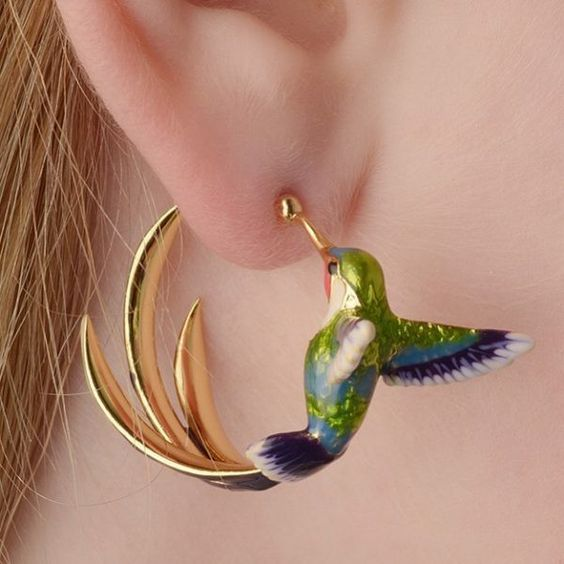 Pendientes de aro de colibríes de esmalte vintage