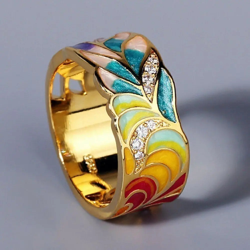 Anillo Floral Pintado a Mano en Oro Vintage