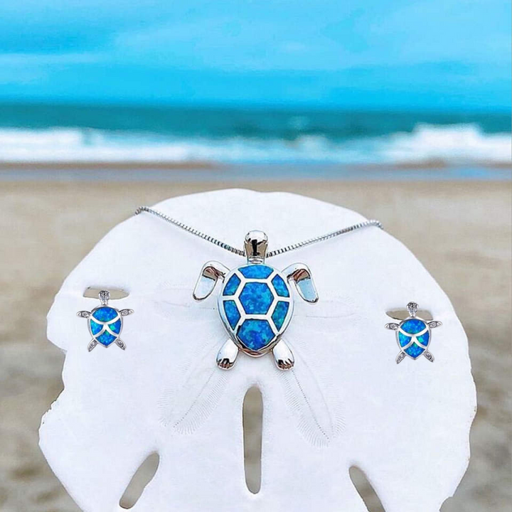 Collar de Tortuga Marina + Conjunto de Pendientes en Ópalo y Plata
