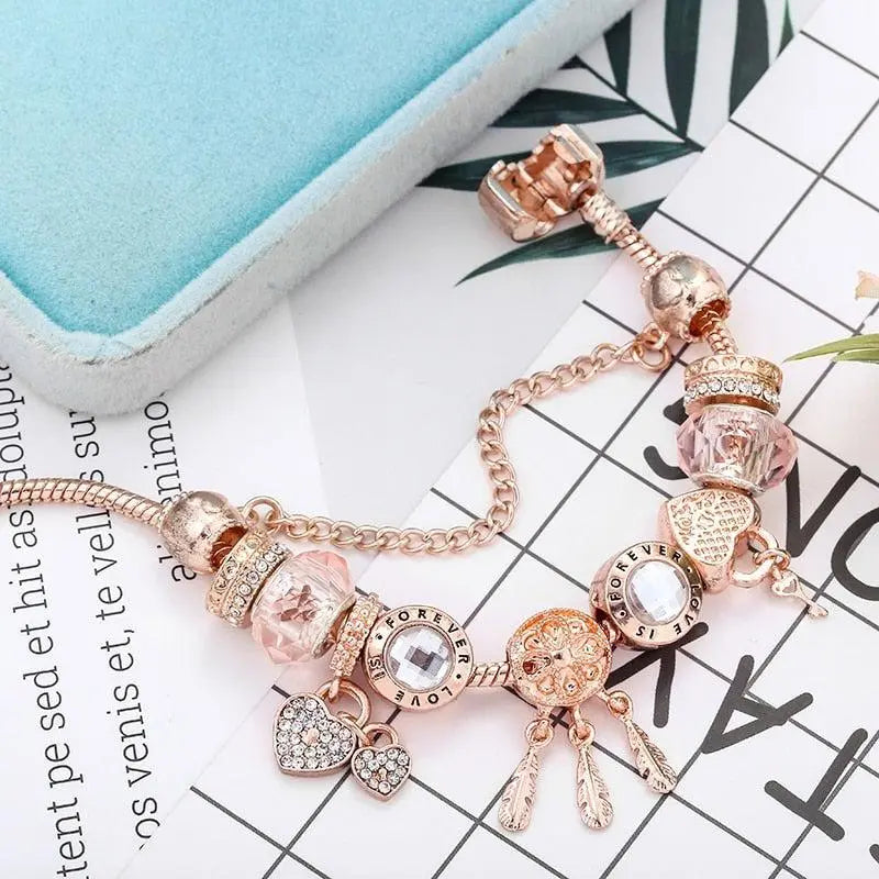 Pulsera Atrapa Sueños de Rosa con Charms en Plata de Ley Incluida