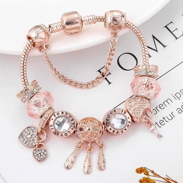 Pulsera Atrapa Sueños de Rosa con Charms en Plata de Ley Incluida