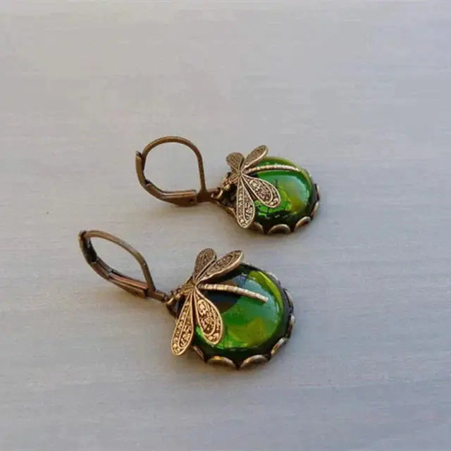Pendientes de libélula esféricos en oro antiguo
