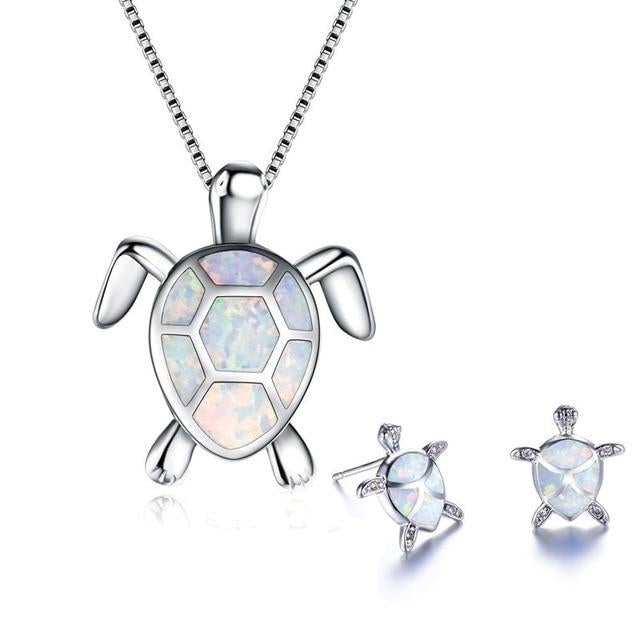 Collar de Tortuga Marina + Conjunto de Pendientes en Ópalo y Plata
