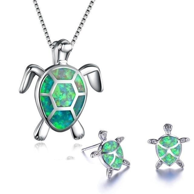 Collar de Tortuga Marina + Conjunto de Pendientes en Ópalo y Plata